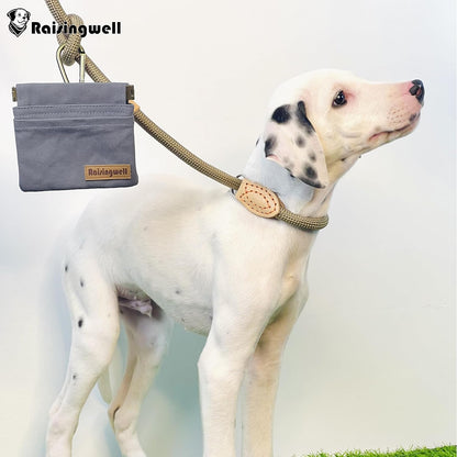 Raisingwell grey cotton puppy reward bag attached to belt loop