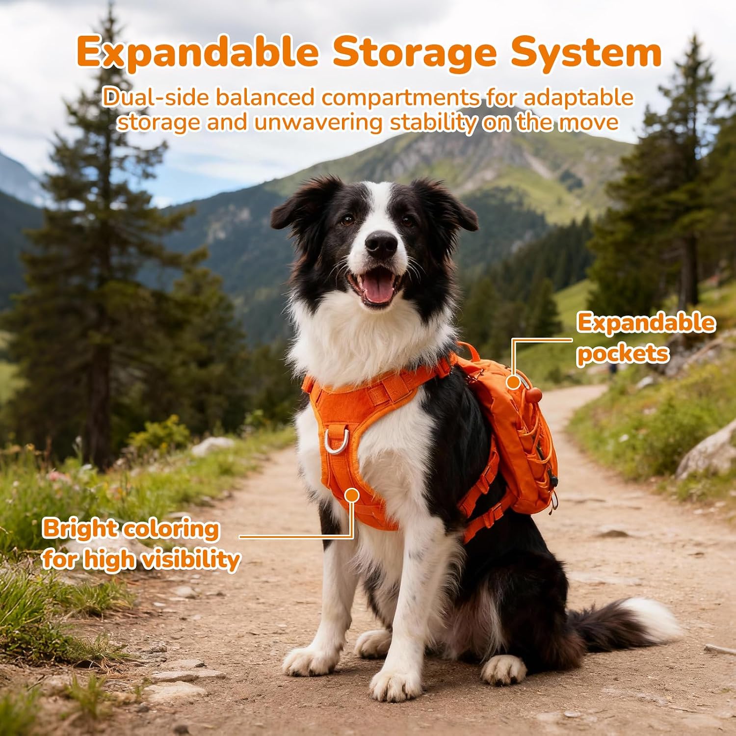 AOKOWN tactical dog pack showing balanced side pockets filled with trail essentials like water bottles.