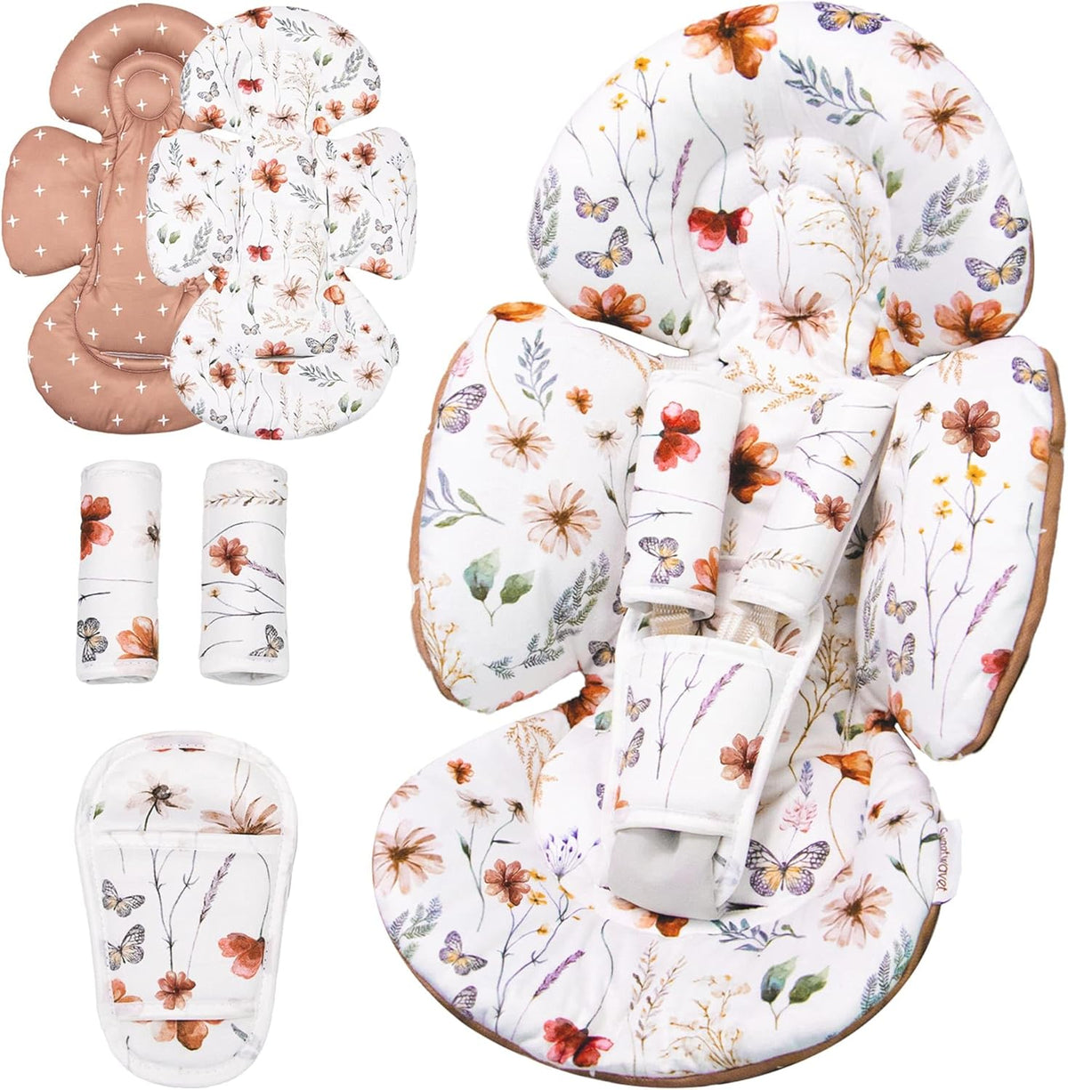 Generic infant car seat insert front view with brown wildflower pattern