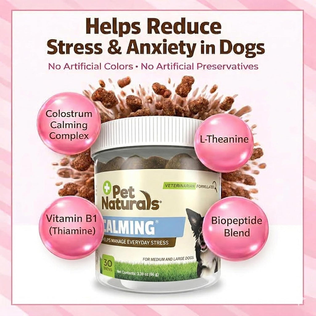 Pet Naturals dog calming treats chicken liver flavor soft chews showing supplement texture