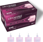 Droplet Micron Pen Needles 34G 3.5mm front view of the 100 count box