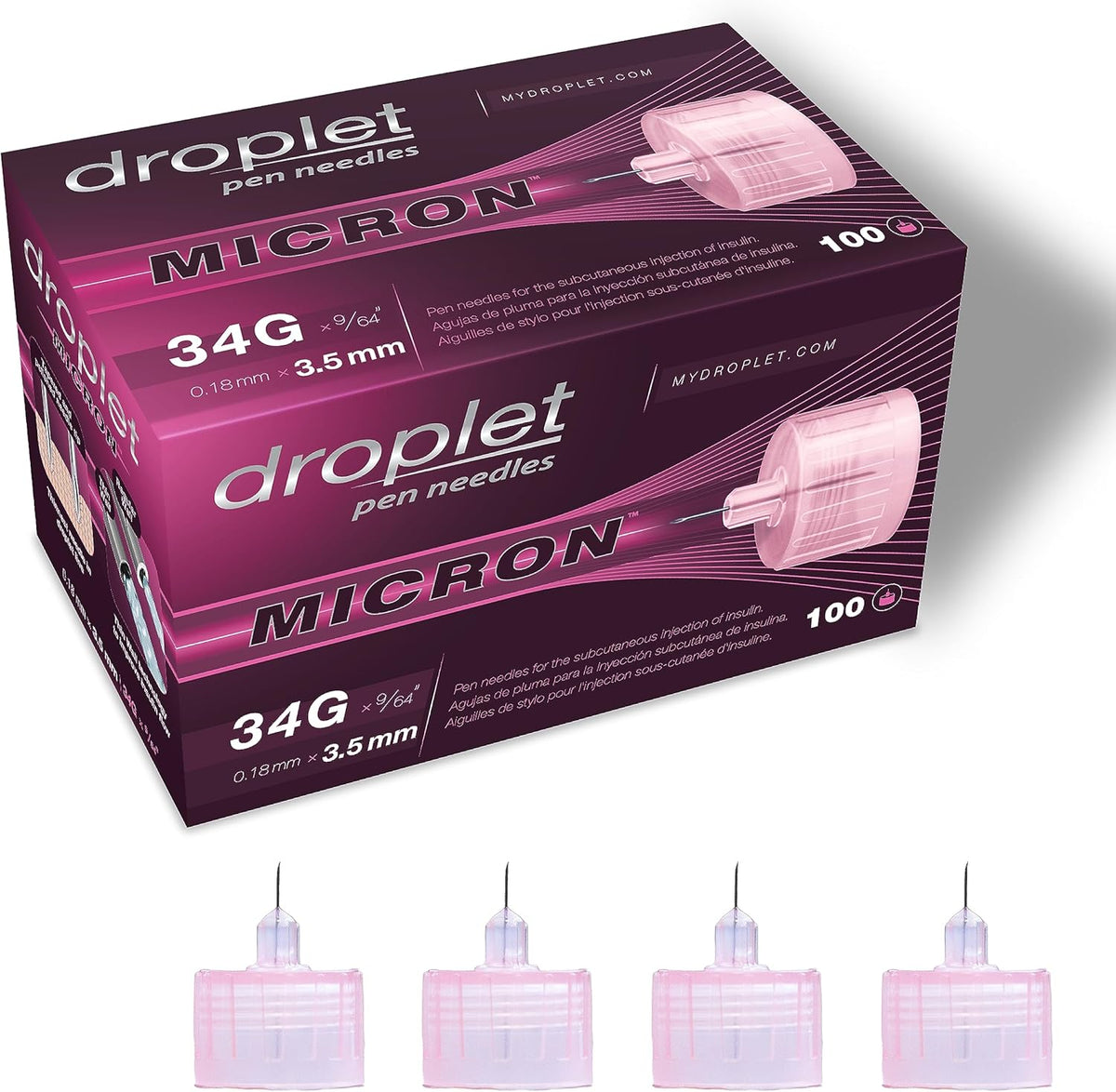 Droplet Micron Pen Needles 34G 3.5mm front view of the 100 count box