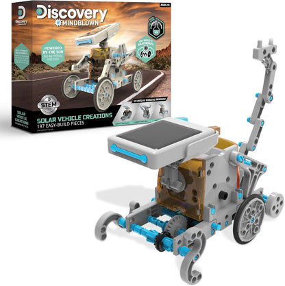 Discovery Mindblown STEM 12 in 1 Solar Robot Creation Kit retail packaging front view showing motorized solar gear toy.
