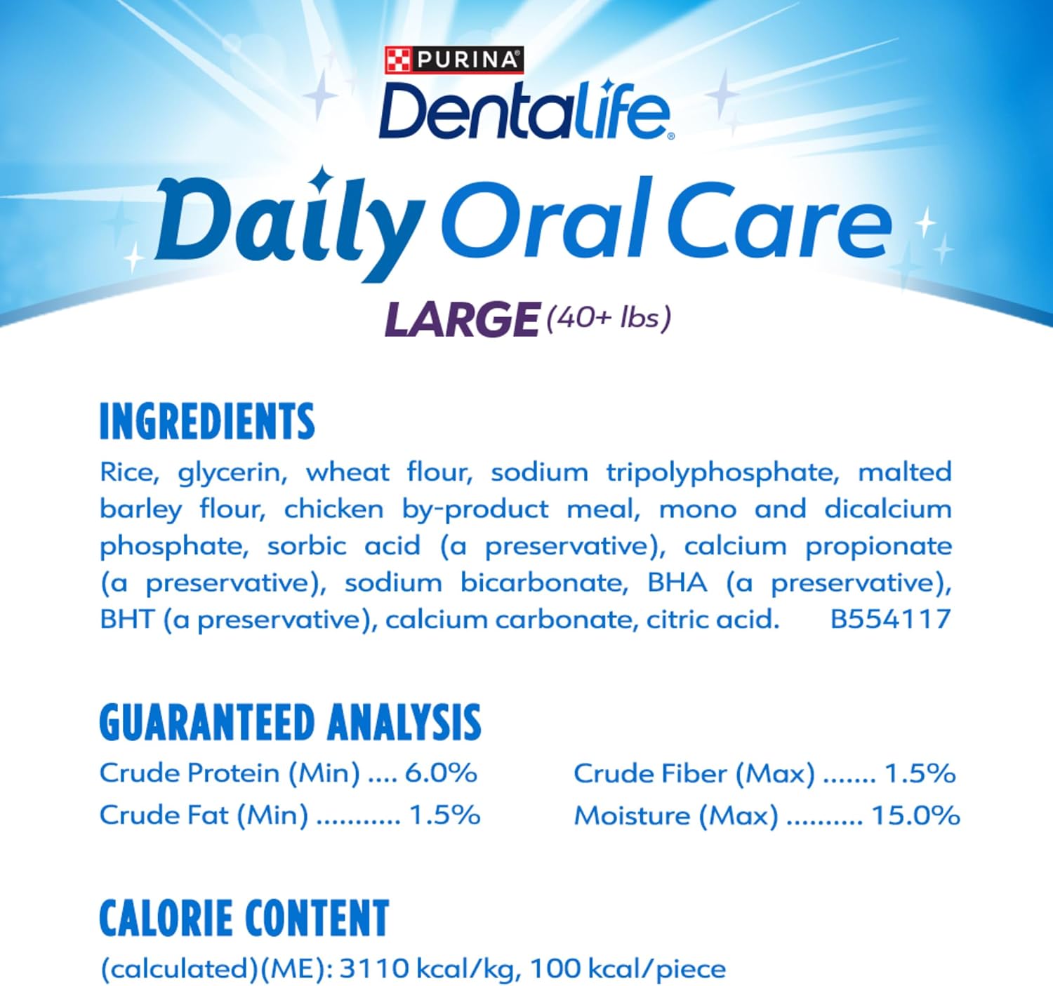 Purina DentaLife large dog oral care treats showcasing the Veterinary Oral Health Council seal.