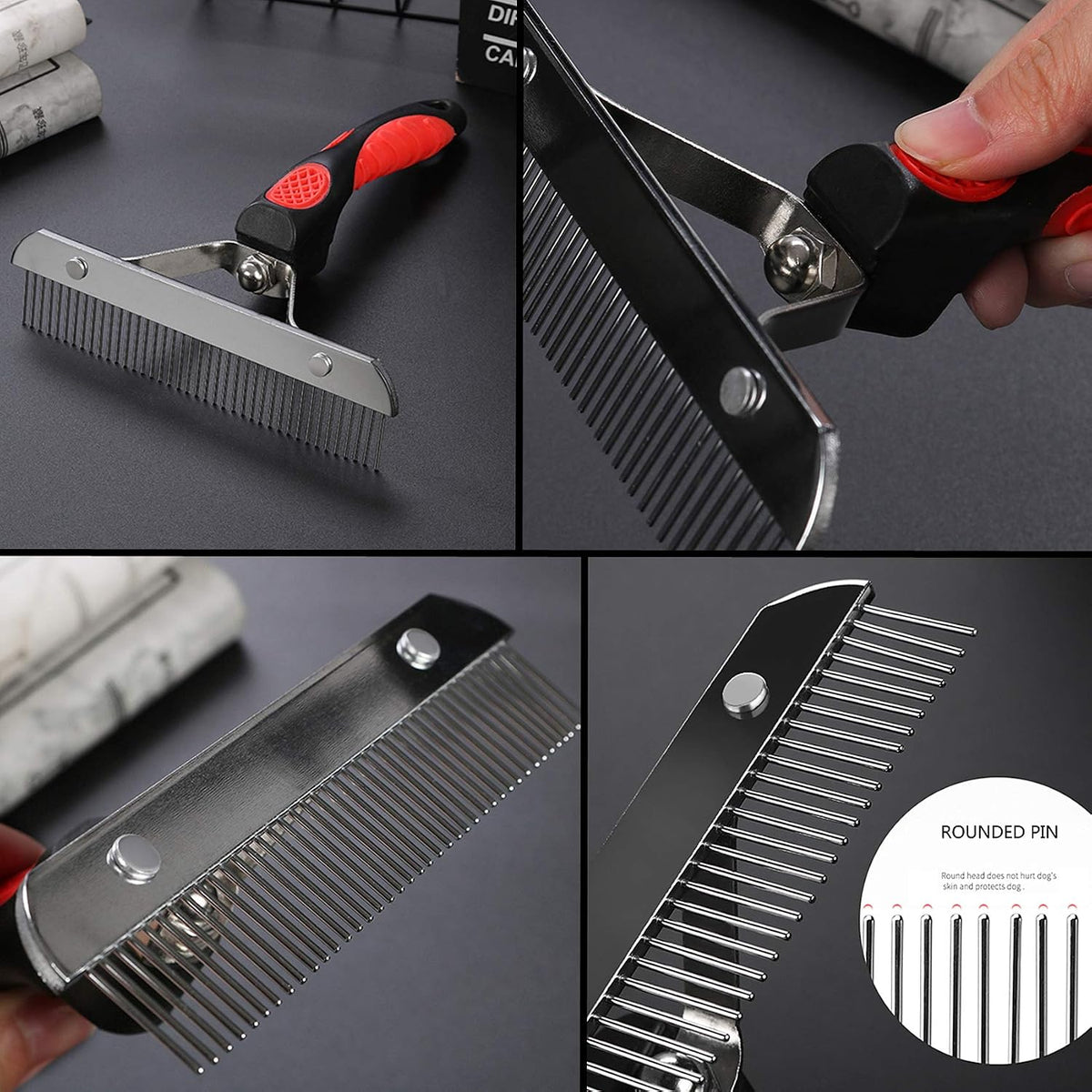 Ergonomic non-slip rubber handle of the large dog shedding brush for optimal control.