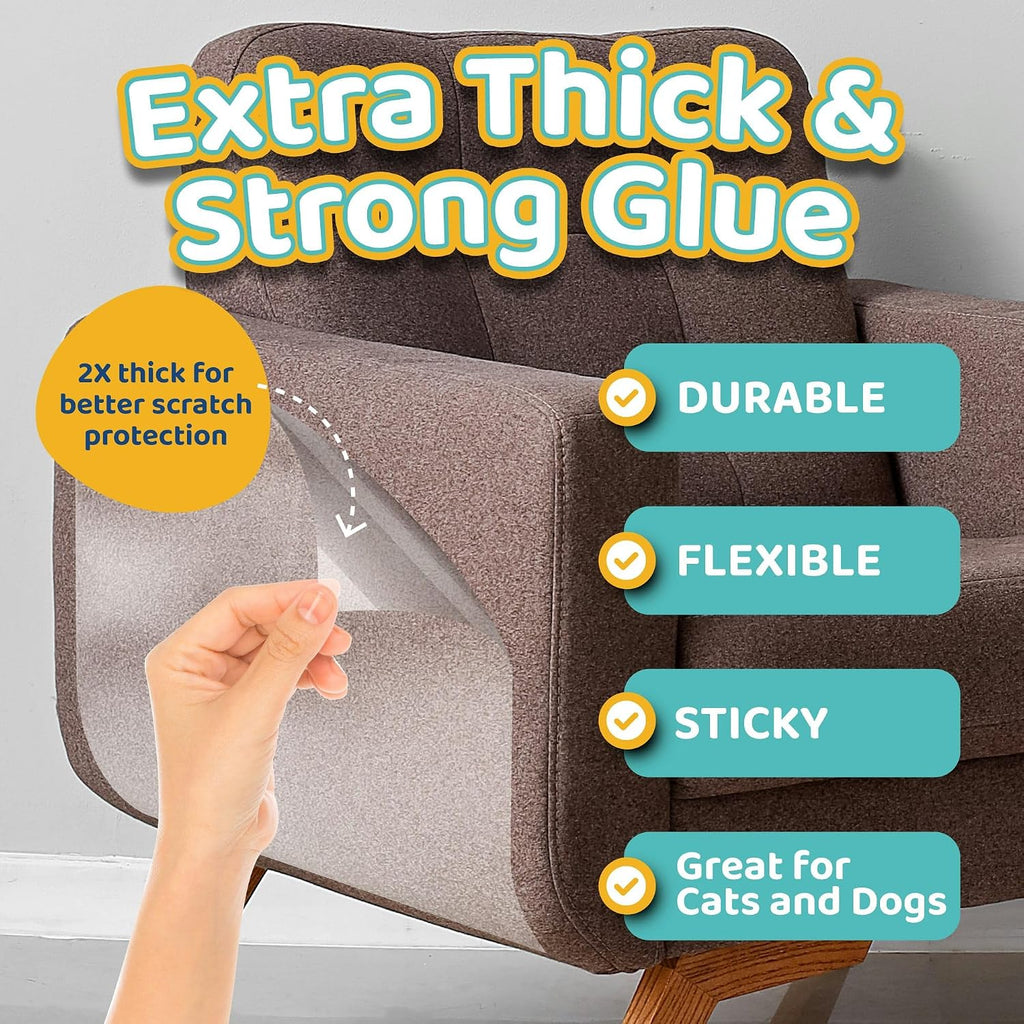 Clear furniture protector applied to sofa corner for cat claw defense
