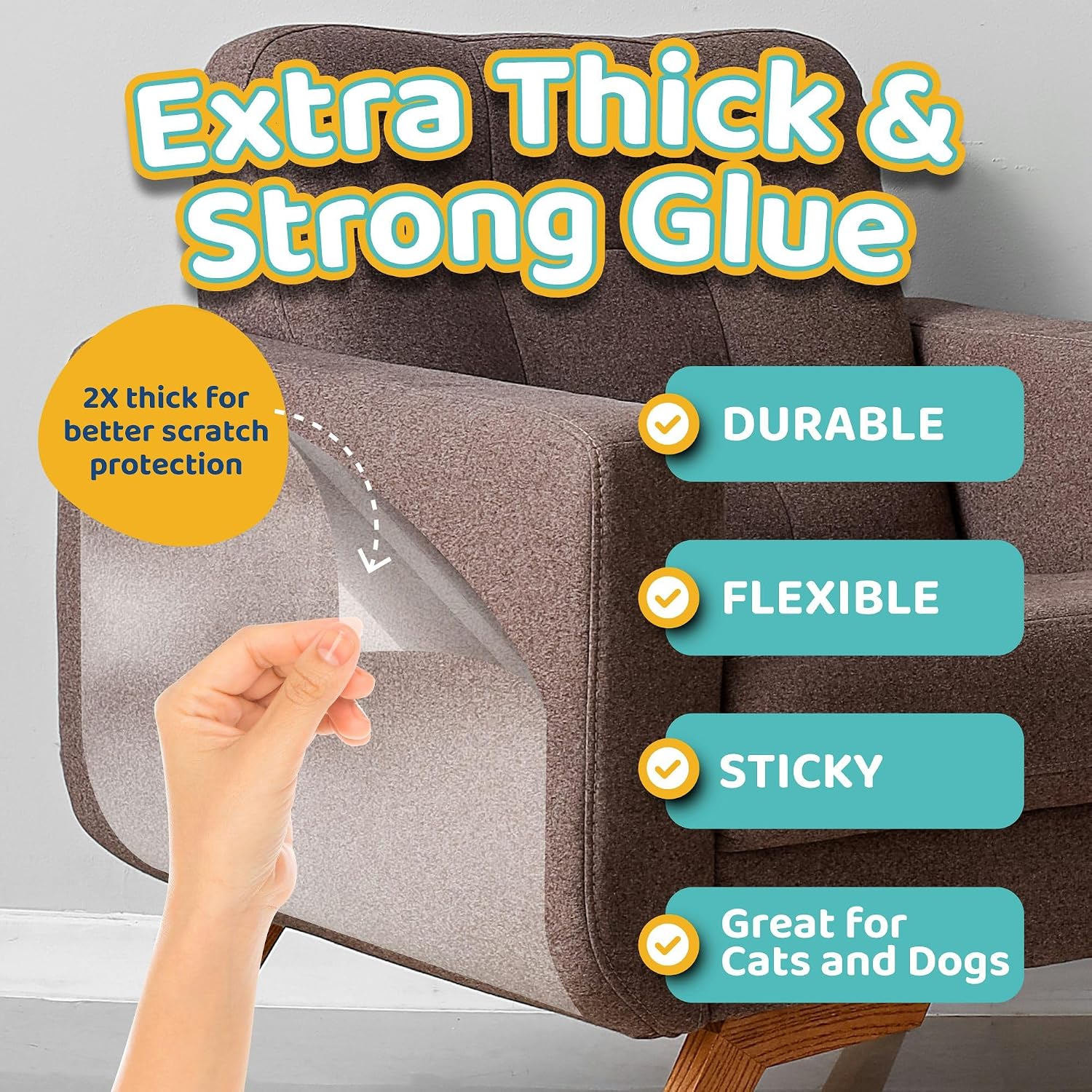 Clear furniture protector applied to sofa corner for cat claw defense