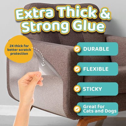 Clear furniture protector applied to sofa corner for cat claw defense