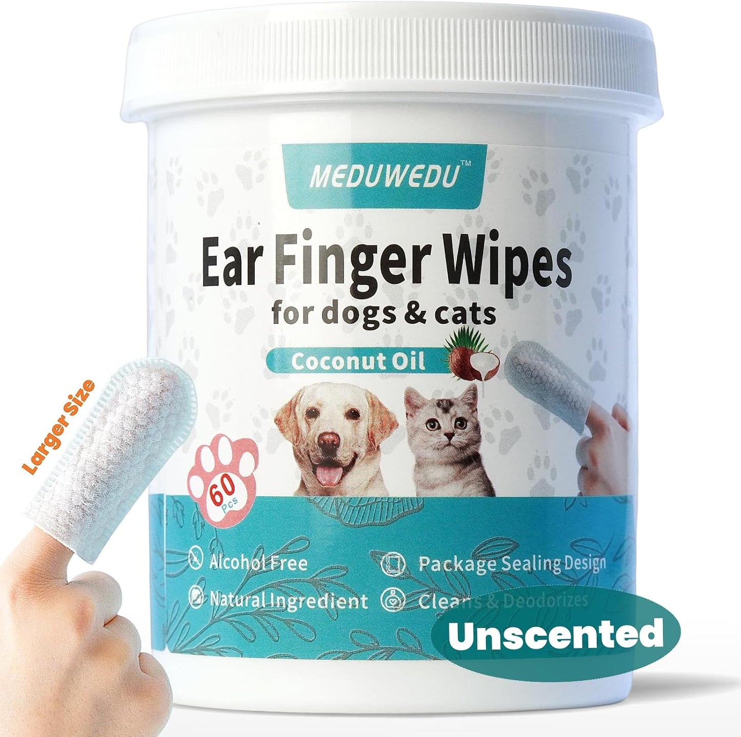 MEDUWEDU Ear Cleaner Finger Wipes 60 Counts, Dog Ear Cleaner, Grooming Kit Care for Dogs and Cats, Soft & Easy Otic Cleaning Pads, Remove Wax, Dirt & Stop Smelly, Itchy, Non-Irritating, Coconut Scent - Image 13