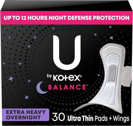 U by Kotex Balance Ultra Thin Overnight Pads 30 count pack front view