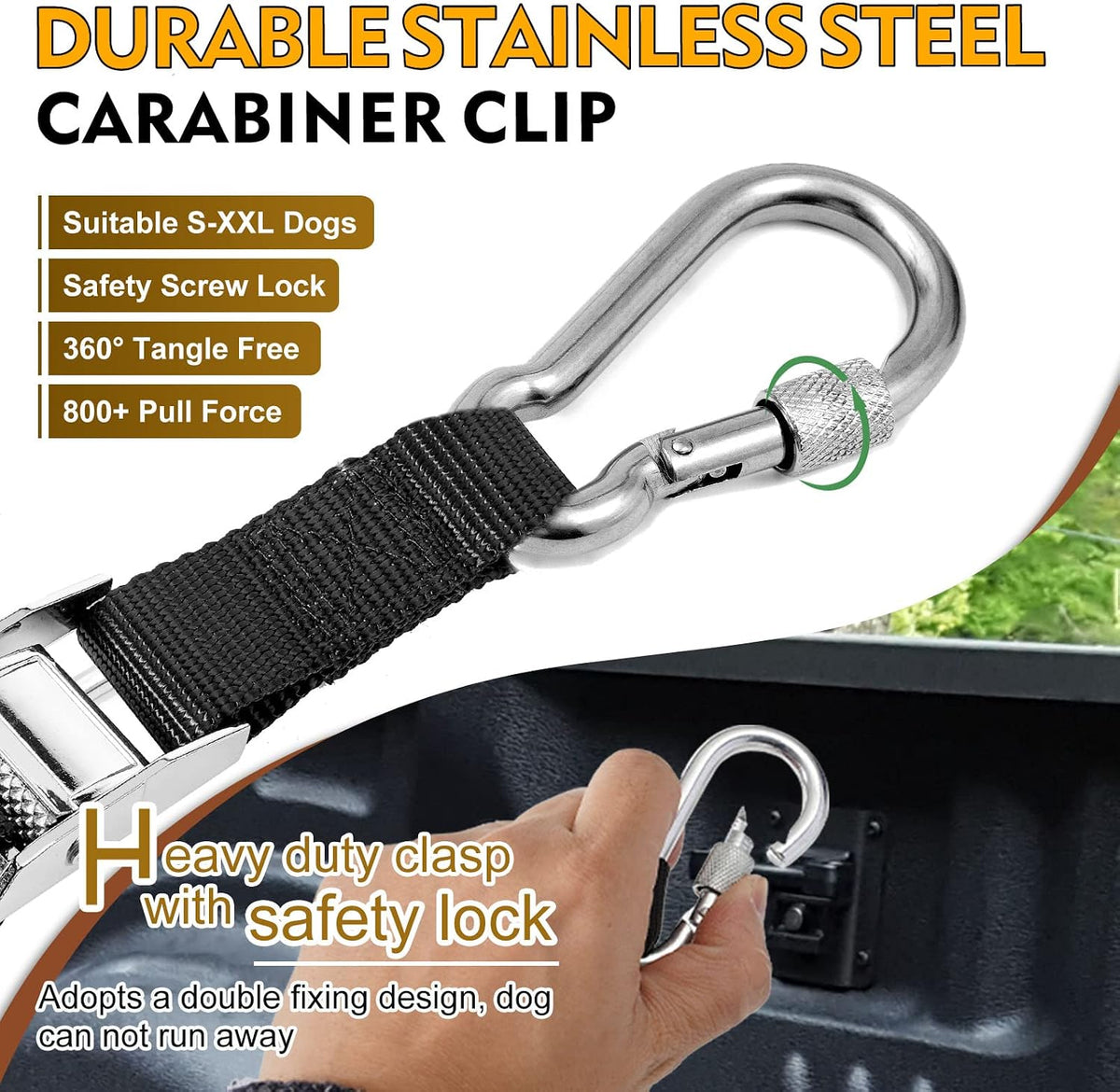 Heavy duty carabiner and nylon strap detail for dog safety