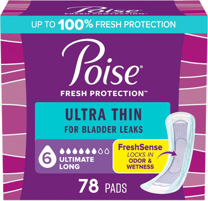 Poise Ultra Thin Incontinence Pads packaging front view showing 78 count size