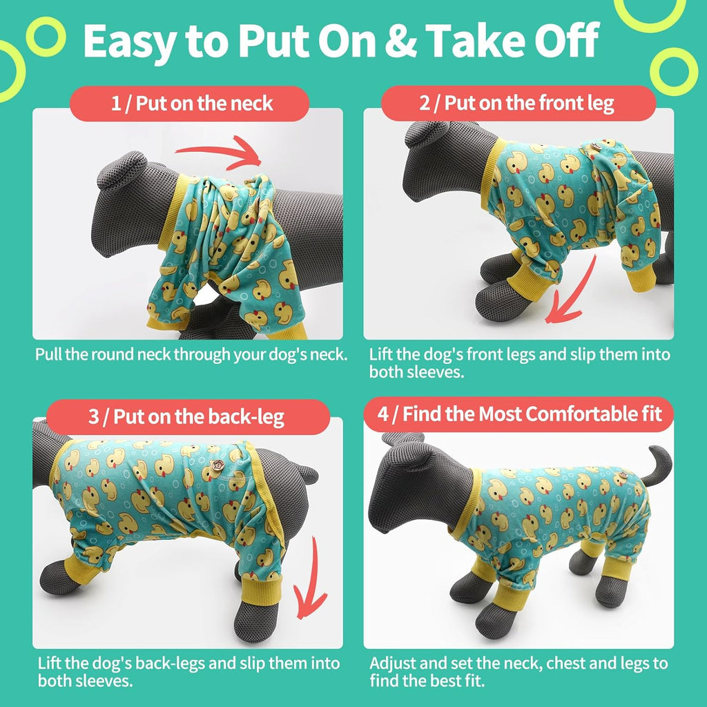 Medium sized dog lounging in yellow duck print pajamas