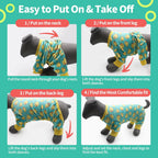 Medium sized dog lounging in yellow duck print pajamas