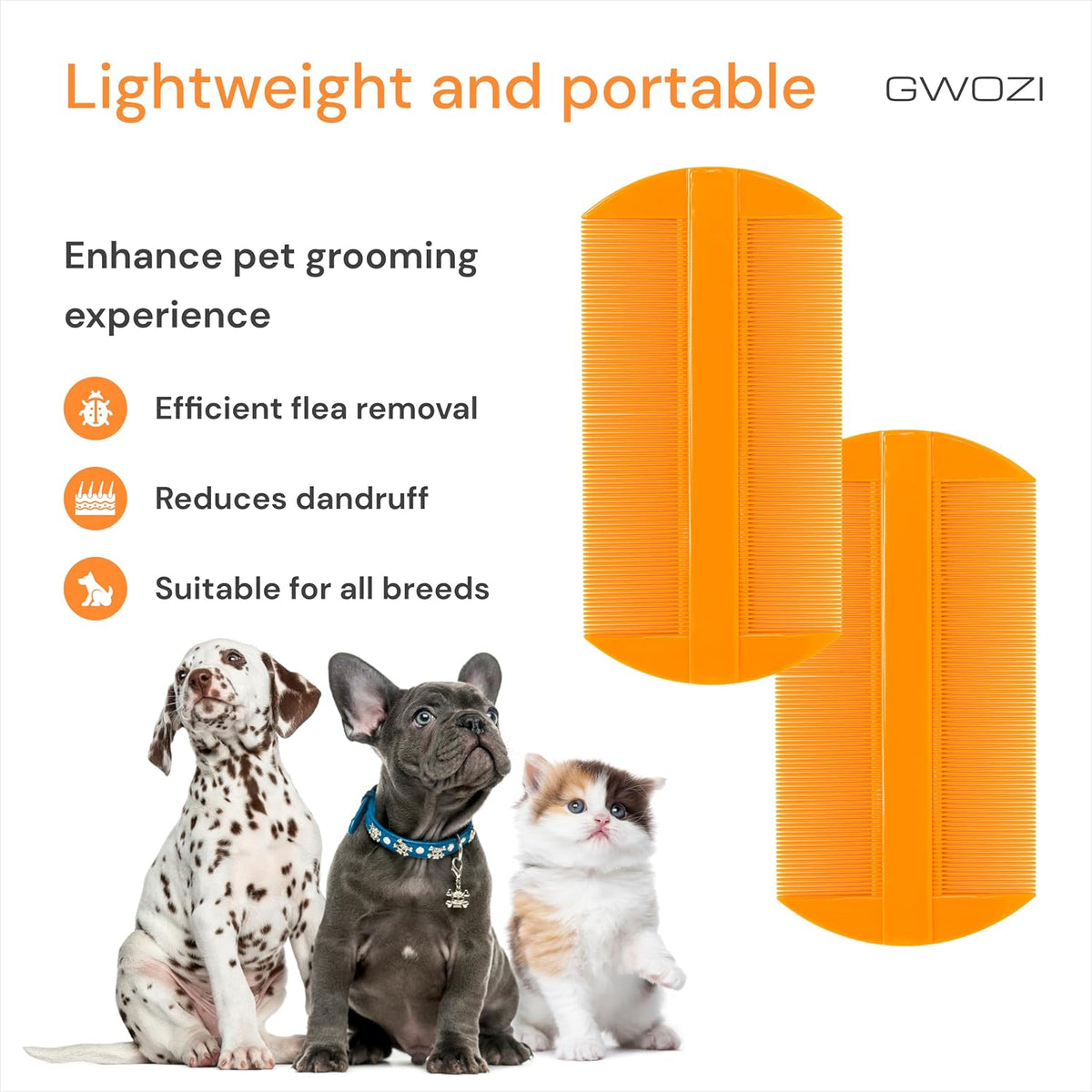 Close up view of fine tooth pattern on Gwozi pet grooming brush