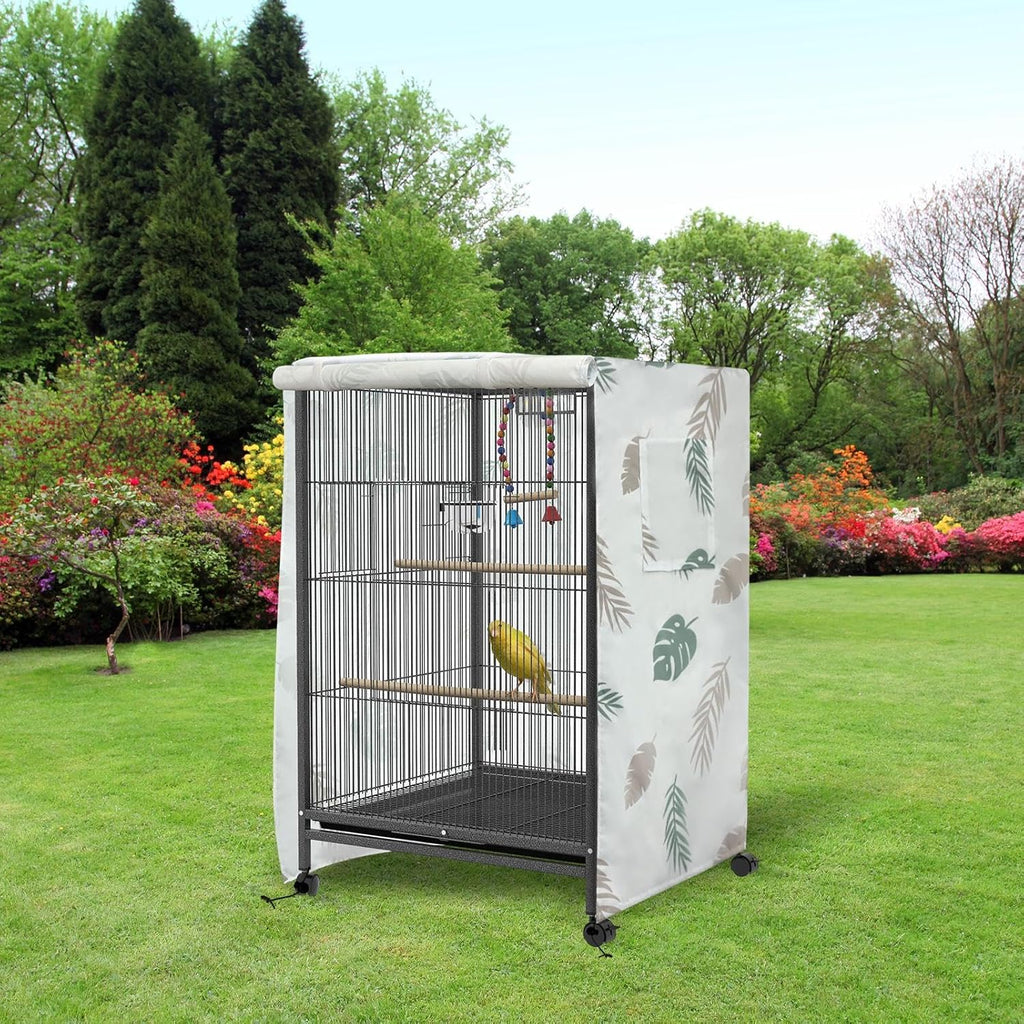 Weatherproof light blocking bird cage shield draped on cage