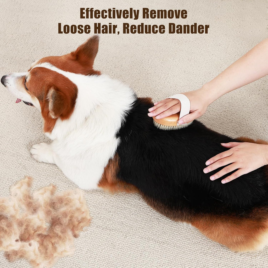 Handheld ergonomic pet brush with cotton band on a beech wood base.