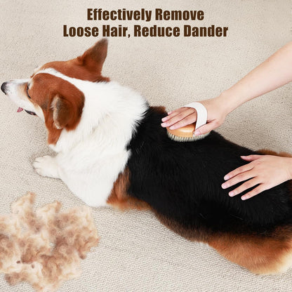 Handheld ergonomic pet brush with cotton band on a beech wood base.