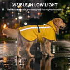 Side profile of an extra large dog wearing the yellow hooded weather poncho.