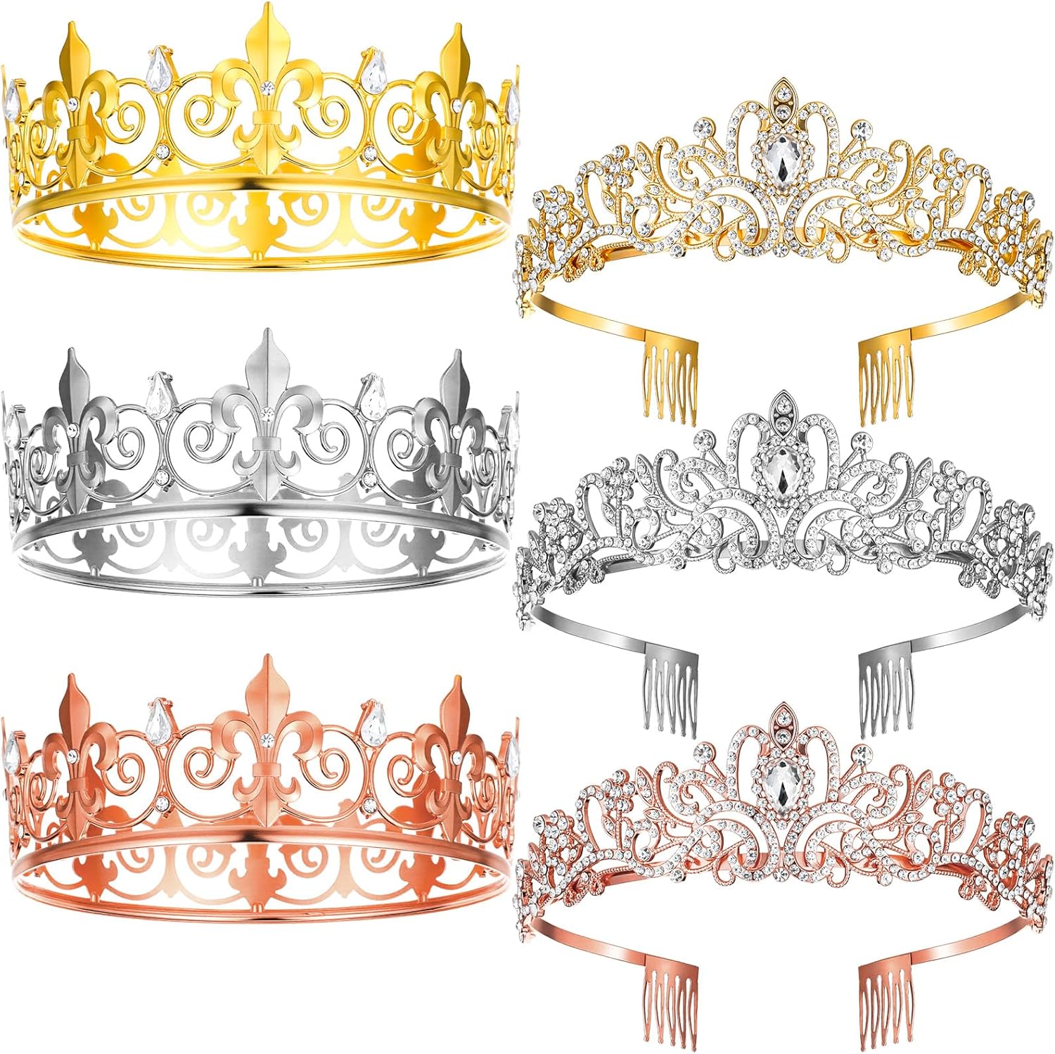 Yuanan 6 pieces king and queen crown set front view with gold and silver finishes