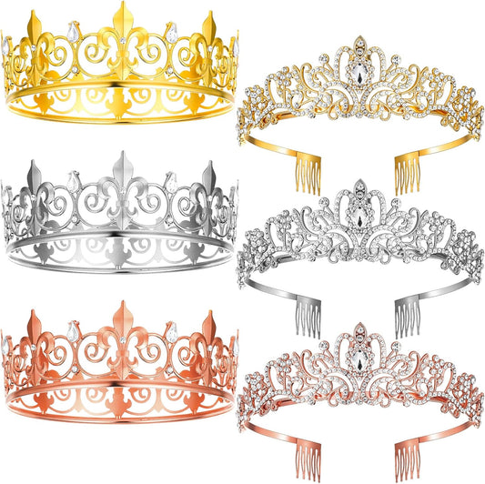 Yuanan 6 pieces king and queen crown set front view with gold and silver finishes