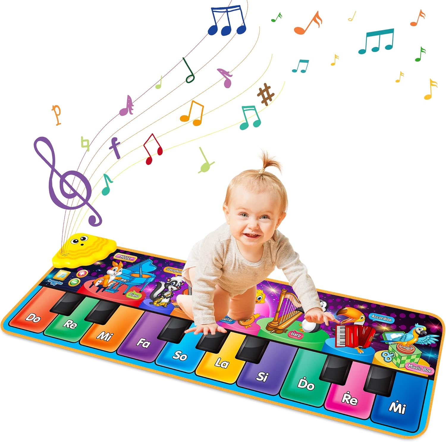 MR.TN kids musical piano mat front view showcasing the colorful rainbow keyboard theme layout.