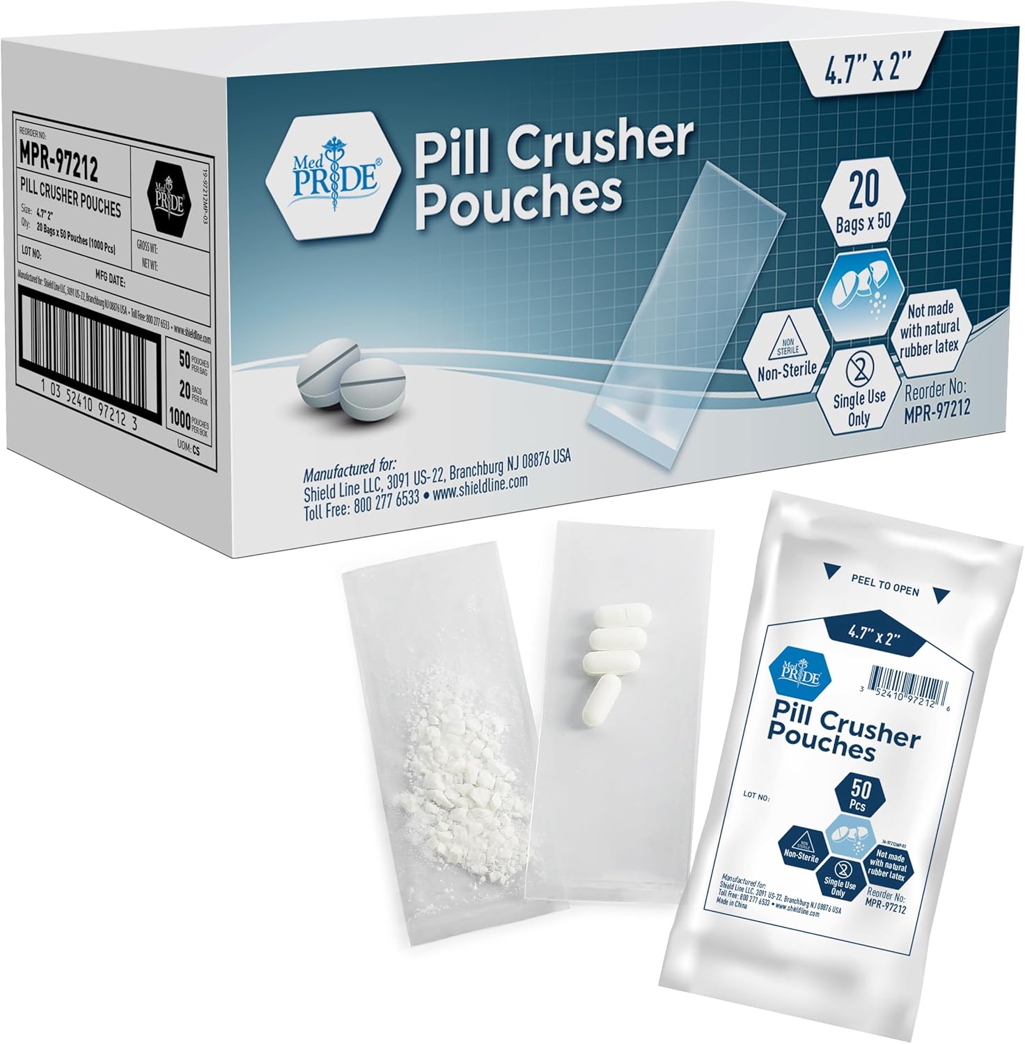 MED PRIDE Pill Crusher Pouches box front view for authentic medical supplies