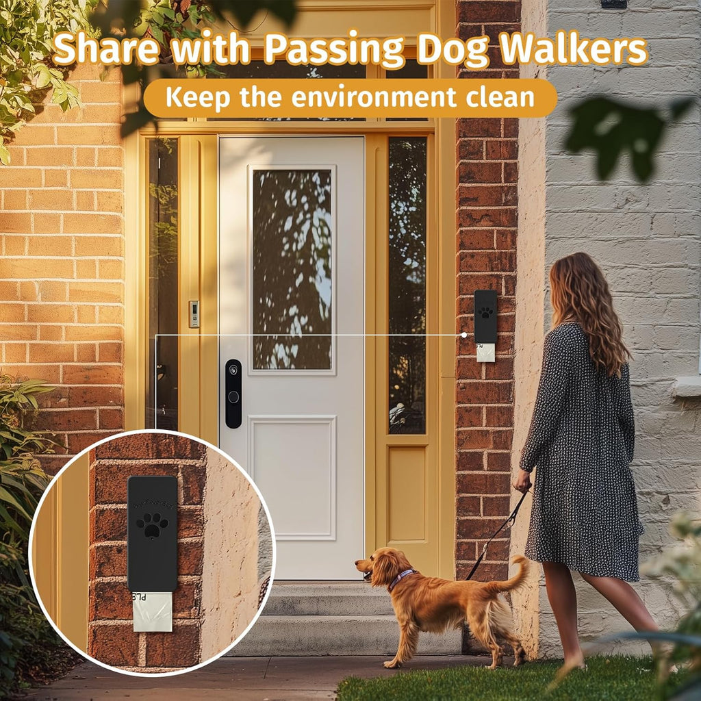 Black wall mounted dog bag dispenser installed next to a home entrance door for quick access.