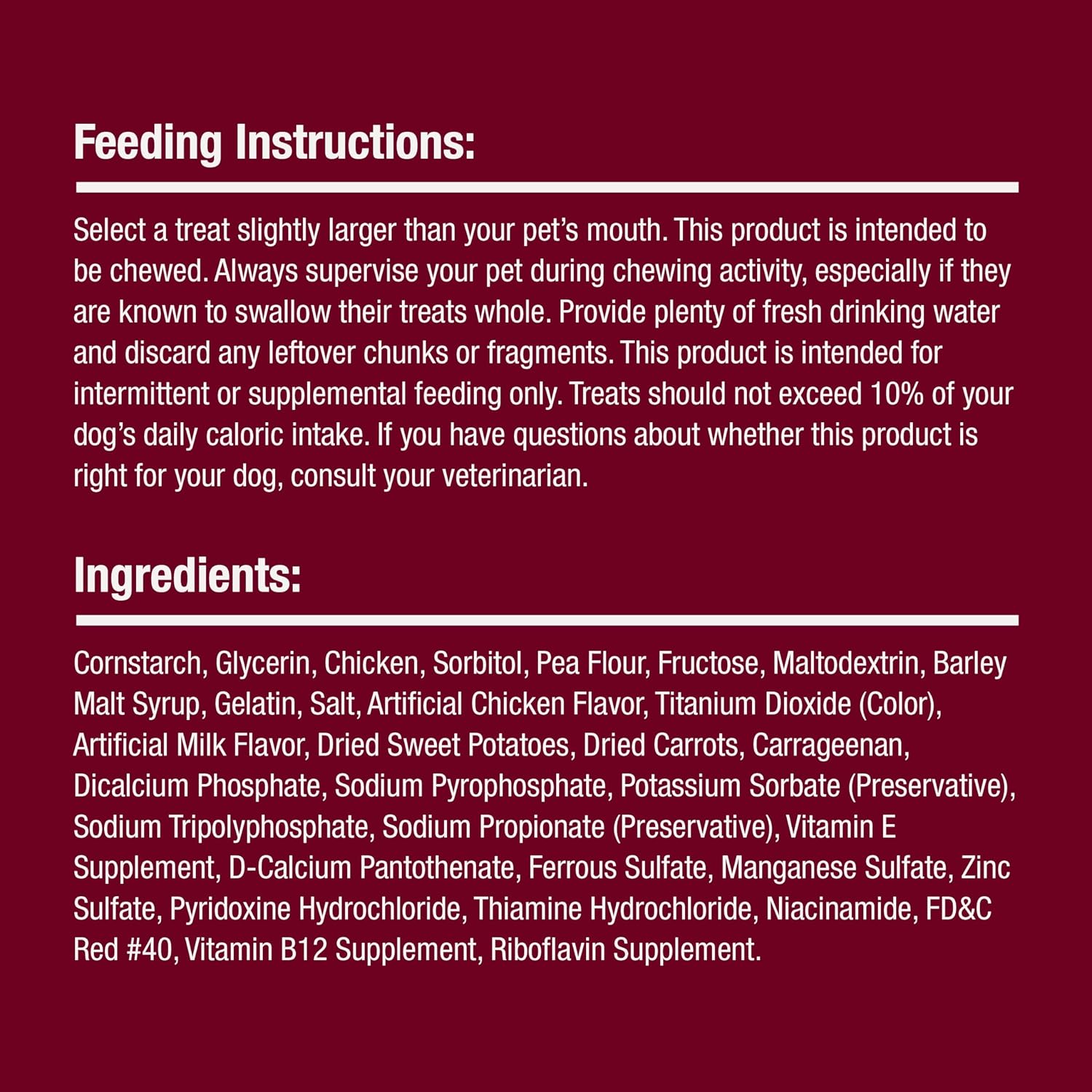 Premium pet safe chewing treats container holding ten individual chicken sticks.