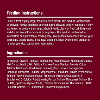 Premium pet safe chewing treats container holding ten individual chicken sticks.