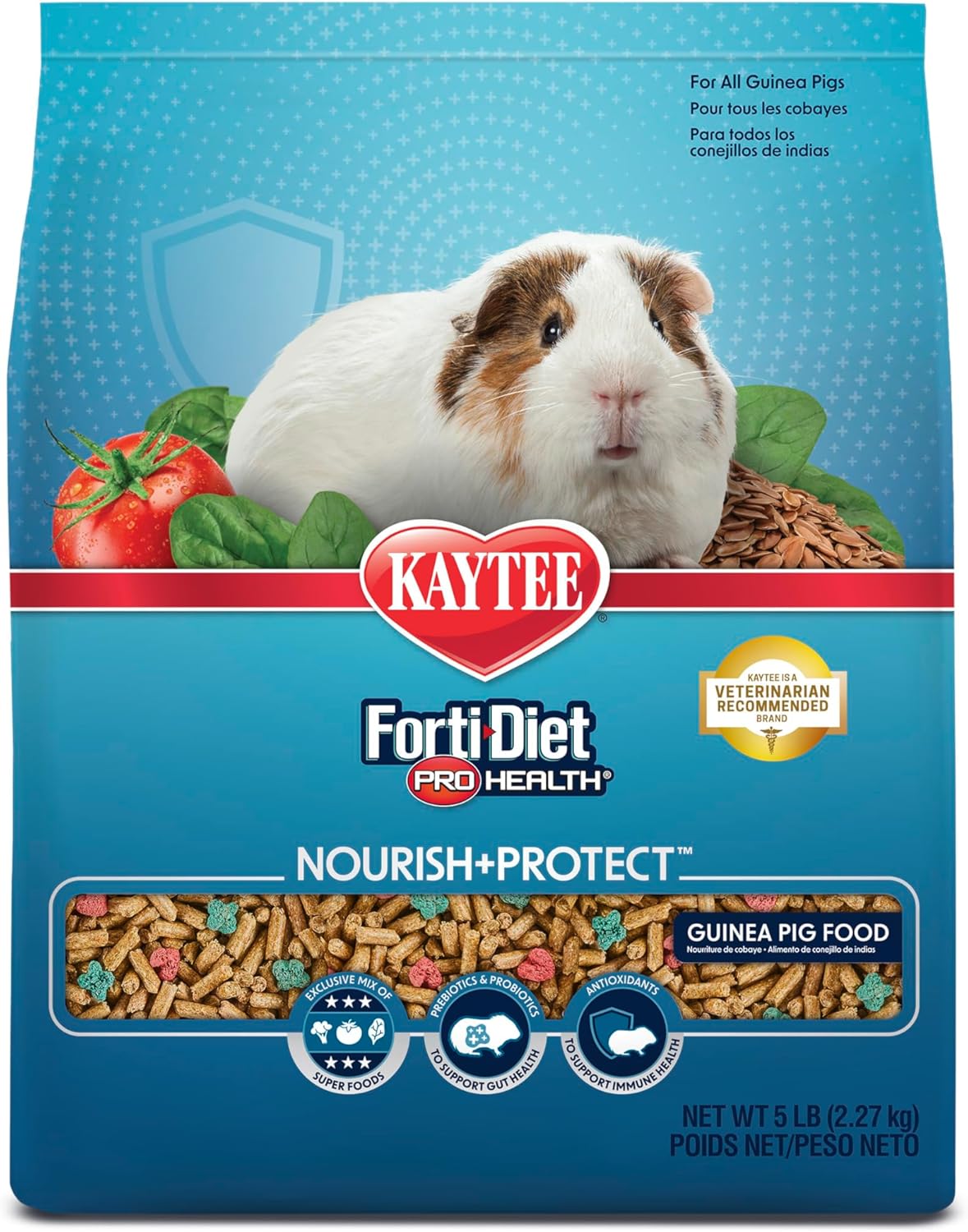 Kaytee Forti-Diet Pro Health Guinea Pig Food front packaging view showing nutritional benefits.