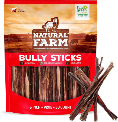 Natural Farm Pixie Bully Sticks 50 Pack front view packaging showcasing natural dog treats.