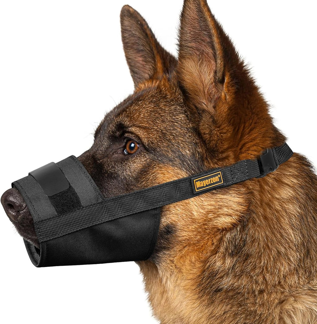 Mayerzon dog muzzle front view on a golden retriever showing adjustable soft fabric fit