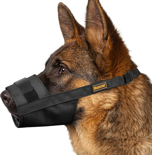 Mayerzon dog muzzle front view on a golden retriever showing adjustable soft fabric fit