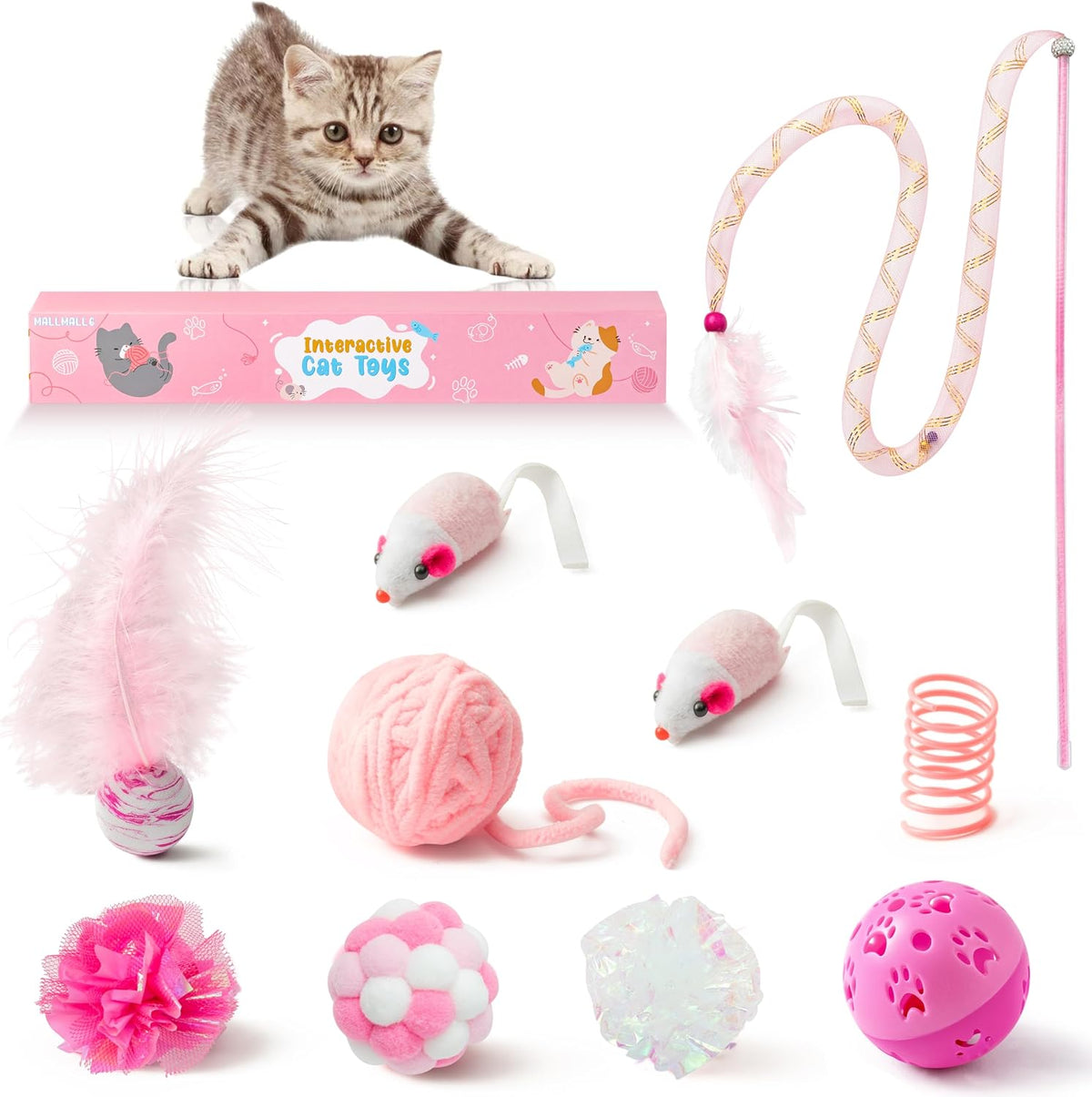 MALLMALL6 Cat Toy Set Interactive Cat Toys 27Pcs Pack Stuff Pink Feather Teaser Wand Springs Mice Sisal Fish Crinkle Balls Bell Balls, Puzzle Pack for Indoor Kitty Play Exercise - Image 10