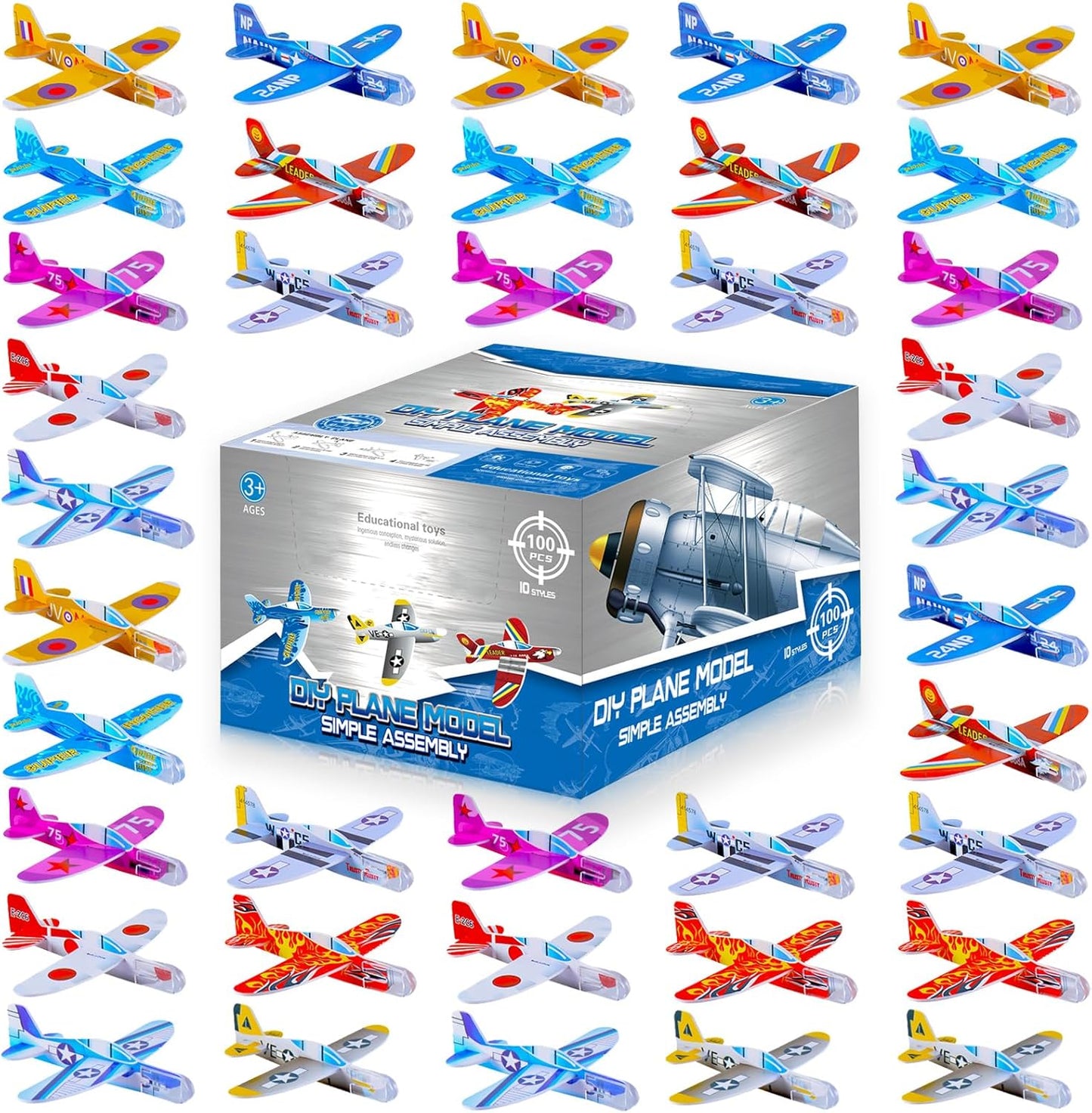 Lucky Guess Foam Gliders Planes Toys front view showcasing various colorful assembled airplane models.