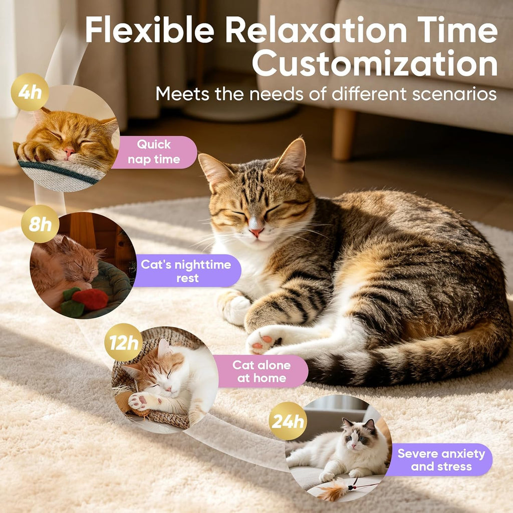 Cat anxiety diffuser plug in showing smart timer buttons and ninety degree rotation