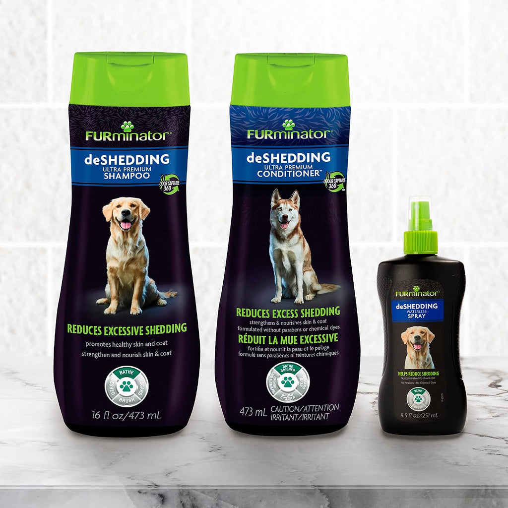 Waterless dog spray bottle from the FURminator shedding control regimen for quick freshness