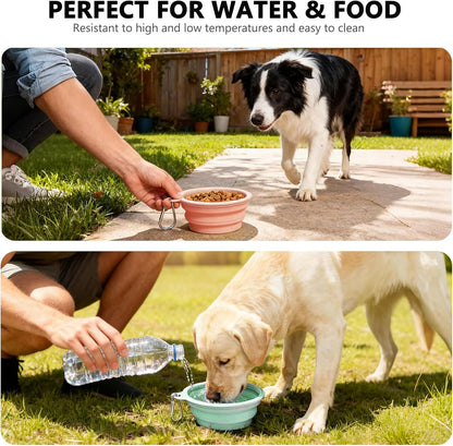 Foldable travel dog bowls flattened flat with aluminum carabiner clips attached