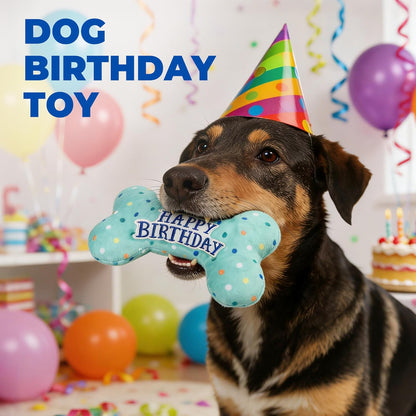 Medium breed puppy carrying the non toxic birthday squeaker bone toy