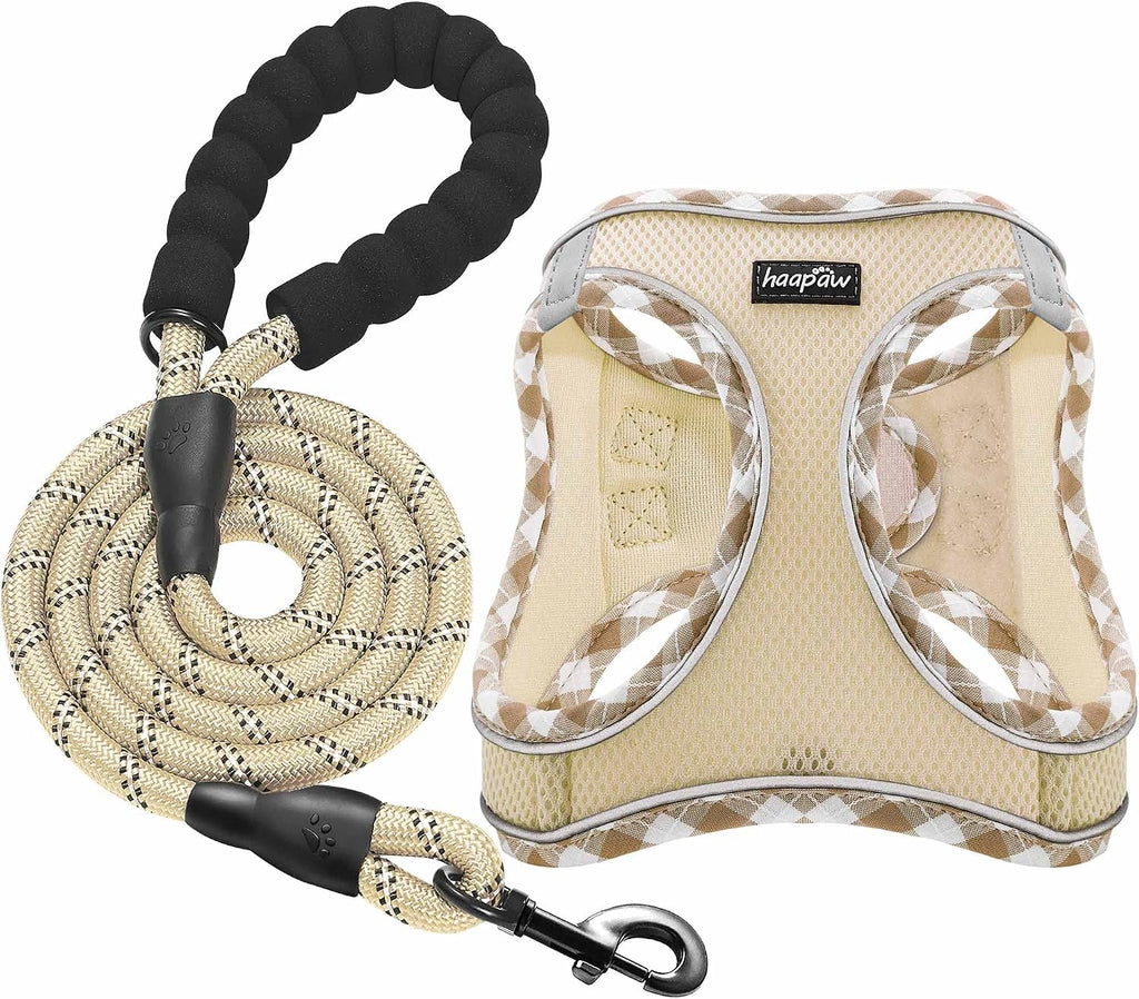 Haapaw dog harness and leash set beige checkered front view step-in padded vest