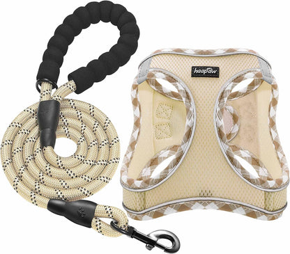 Haapaw dog harness and leash set beige checkered front view step-in padded vest