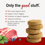 Back of Stella & Chewy's Dandy Lamb packaging highlighting the grass-fed ingredient list and crude protein analysis.