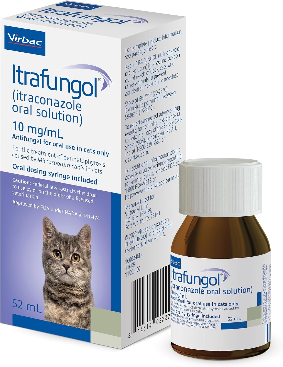 Virbac Itrafungol oral solution packaging and dosing syringe