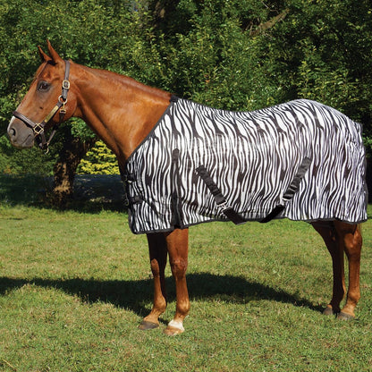 Country Pride Zebra Print Soft Mesh Fly Sheet front view on a horse showcasing the double buckle chest closures.