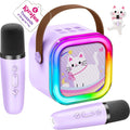 IROO mini karaoke machine for kids front view showing purple cat design speaker and two wireless microphones
