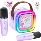 IROO mini karaoke machine for kids front view showing purple cat design speaker and two wireless microphones