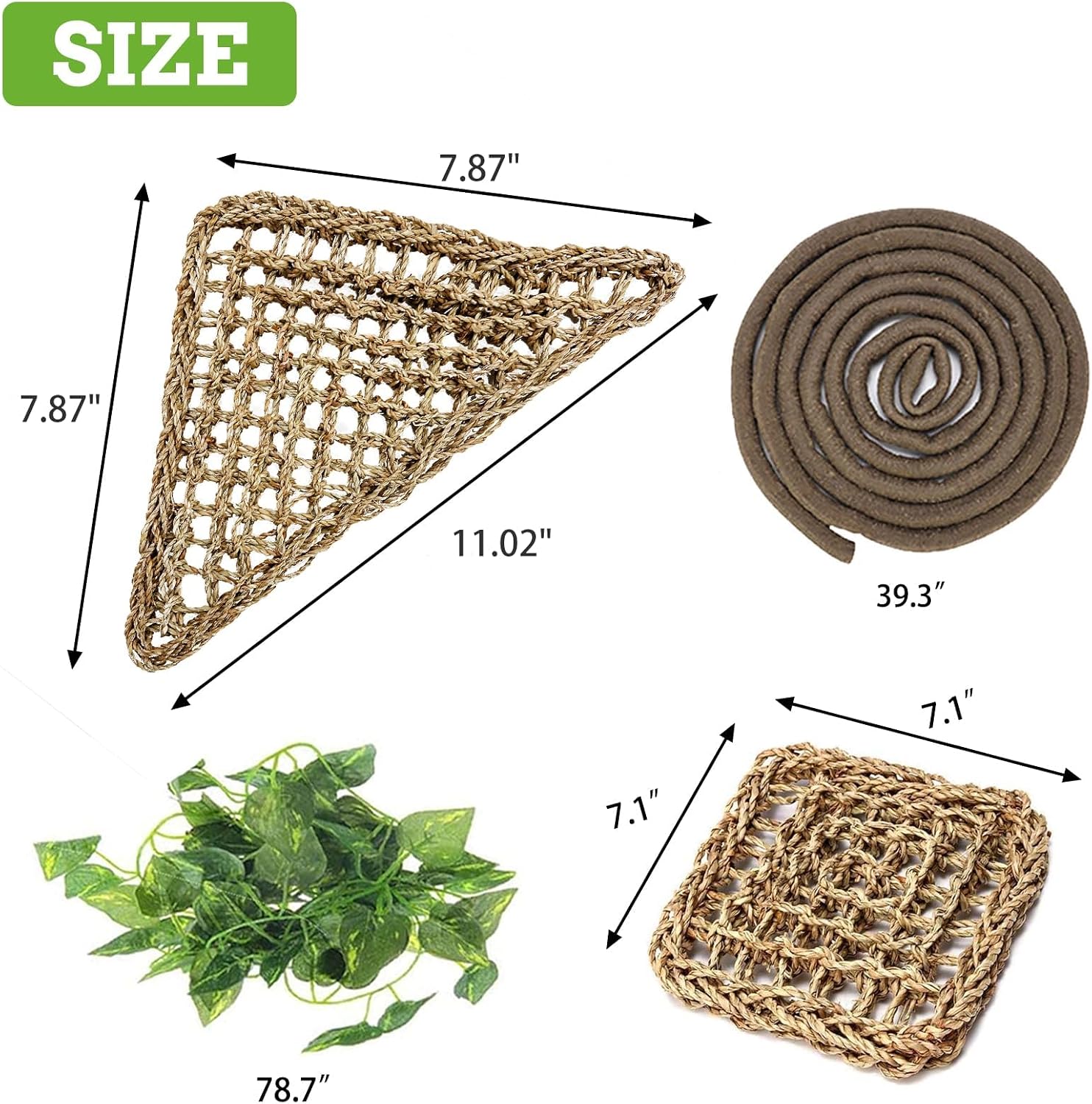 PINVNBY hand woven natural seagrass fiber reptile hammock with suction cups attached to a glass wall