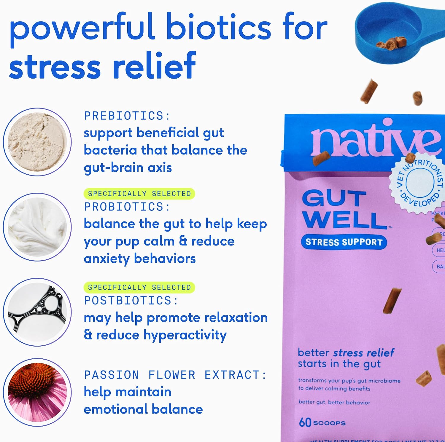 Native Pet triple biotic blend and magnesium stress relief supplement for dogs