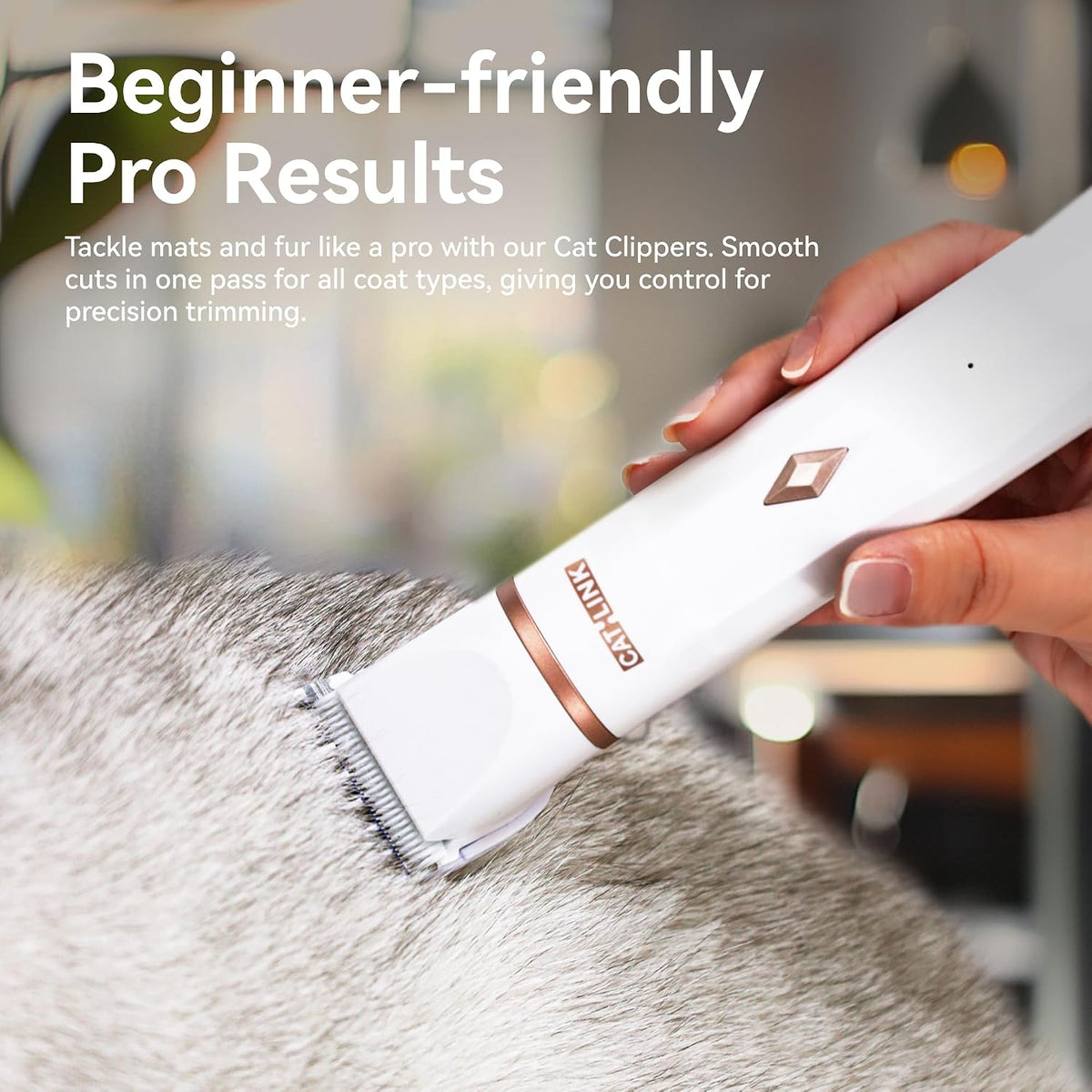 CATLINK professional grooming kit displaying the multiple attachment combs, cleaning brush, and USB cable.